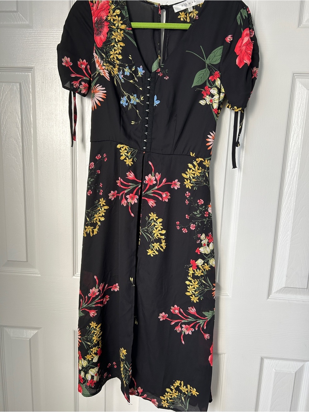 Women's Black Floral Midi Dress with Pink & Yellow Blooms
